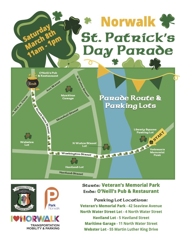 Join the Norwalk Police Emerald Society for the St. Patrick's Day Parade! The parade starts at 11 AM from Veteran's Memorial Park and ends at O'Neill's Irish Pub & Restaurant.
