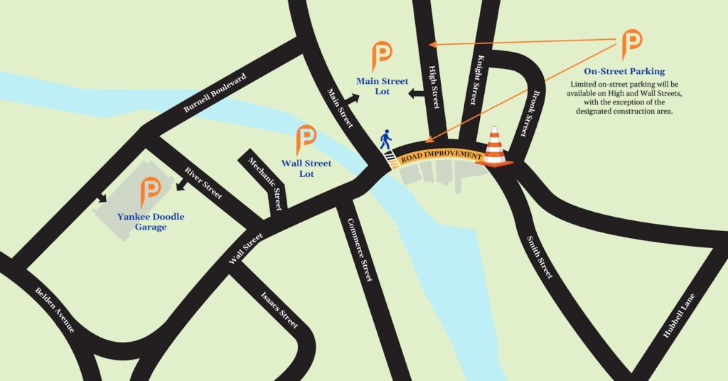: Map of downtown Norwalk where roadway improvements are being made along Wall Street/East Wall Street from Main Street to Brook Street, and where to locate alternative parking options.